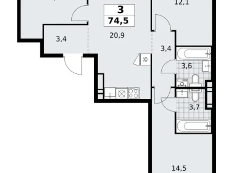 3 room apartment 75 m² poselenie Sosenskoe, Russia