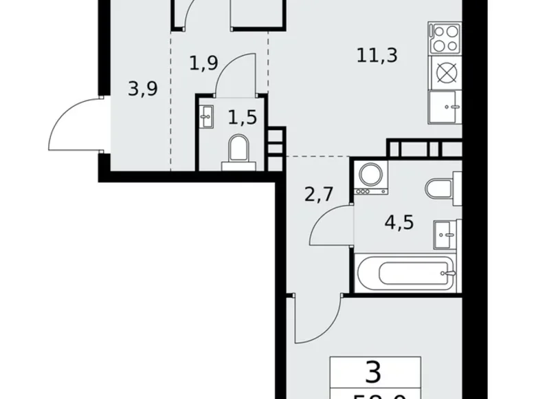 3 room apartment 58 m² poselenie Sosenskoe, Russia