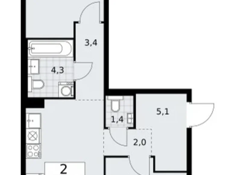 2 room apartment 58 m² Troitsk, Russia