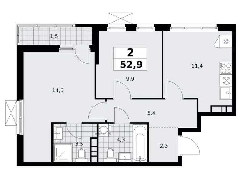 2 room apartment 53 m² Moscow, Russia