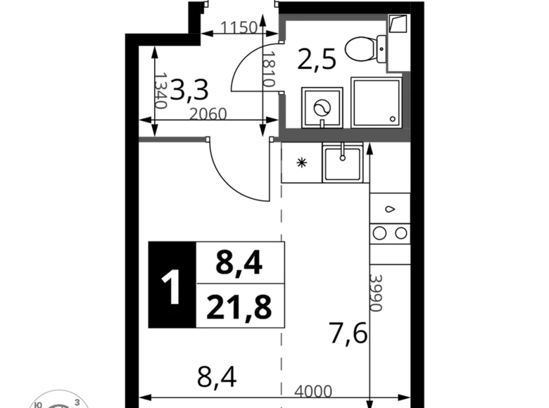 Студия 1 комната 22 м² Химки, Россия
