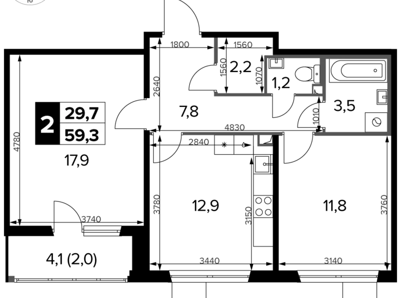 2 room apartment 59 m² Khimki, Russia