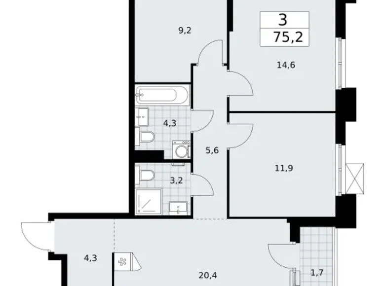 3 room apartment 75 m² Troitsk, Russia