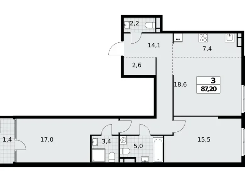 3 room apartment 87 m² Northern Administrative Okrug, Russia