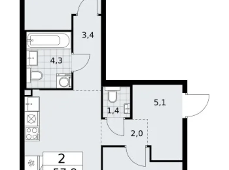 2 room apartment 58 m² Troitsk, Russia