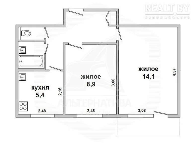 2 room apartment 38 m² Brest, Belarus