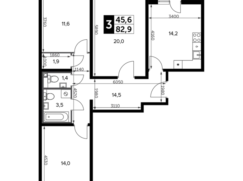 3 room apartment 84 m² Leninsky District, Russia