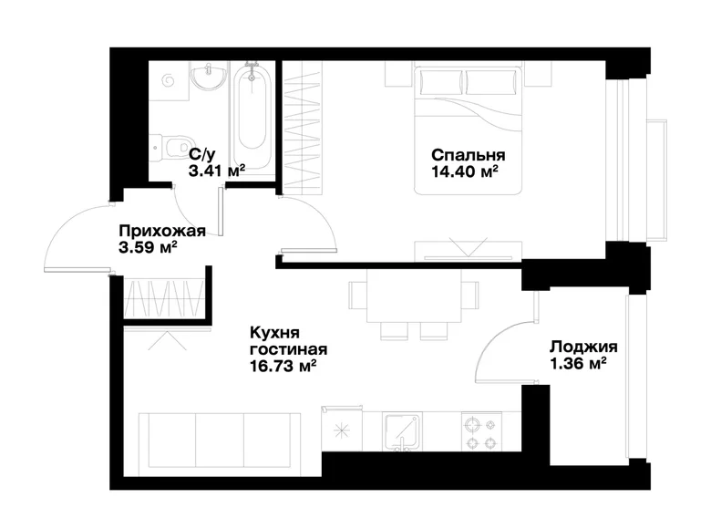 Квартира 1 комната 39 м² Ташкент, Узбекистан