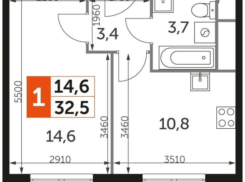 Mieszkanie 1 pokój 33 m² Razvilka, Rosja