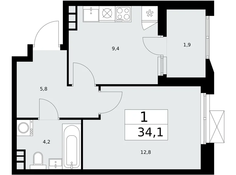 Квартира 1 комната 34 м² поселение Сосенское, Россия