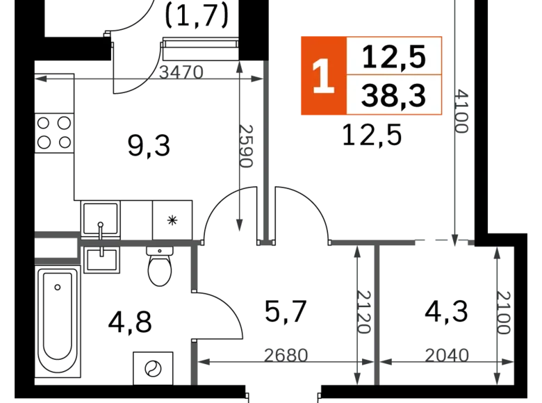 Квартира 1 комната 38 м² Москва, Россия