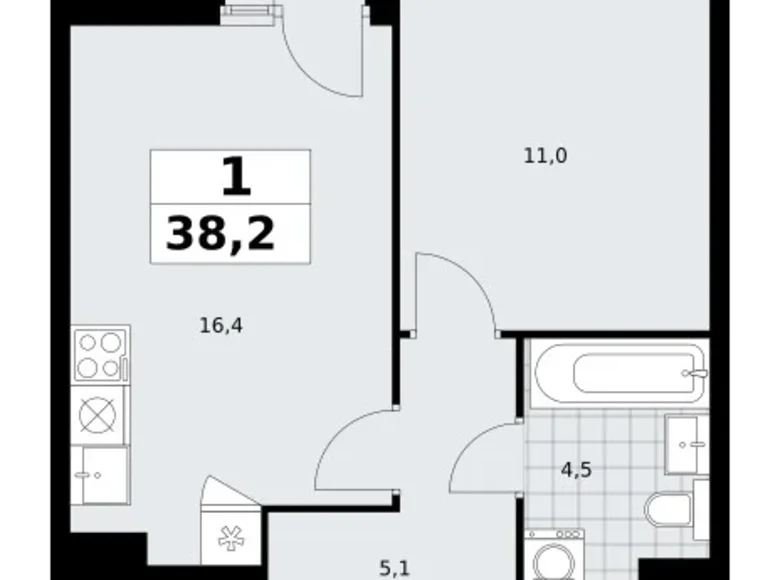 1 room apartment 38 m² Troitsk, Russia