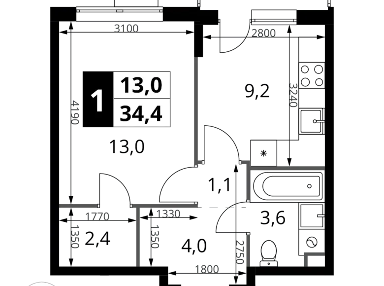 Квартира 1 комната 34 м² Химки, Россия