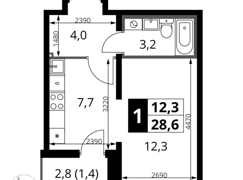 1 room studio apartment 29 m² Leninsky District, Russia