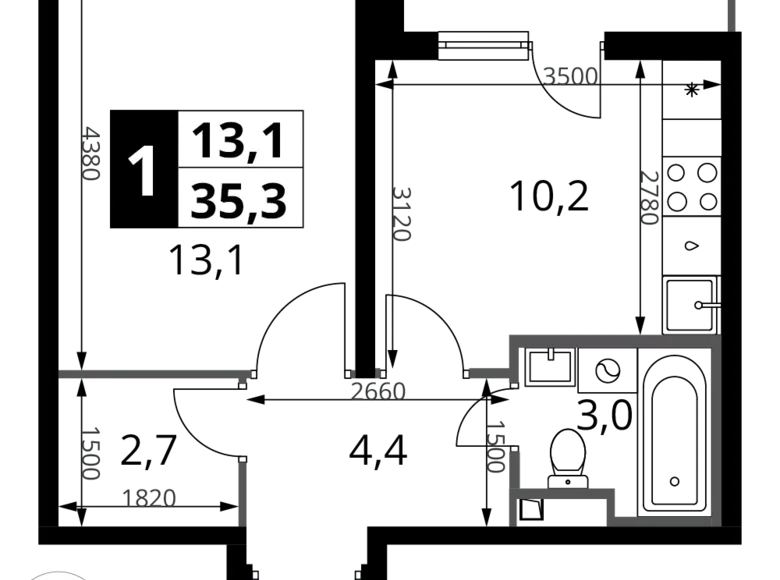 Квартира 1 комната 35 м² Potapovo, Россия