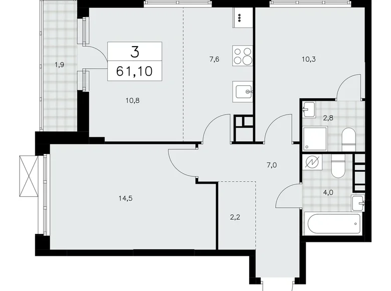 3 room apartment 61 m² Moscow, Russia