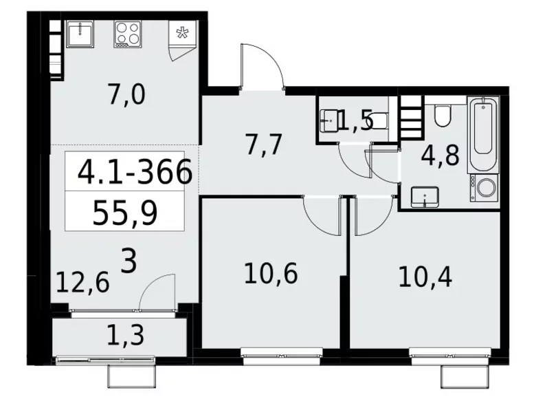 Квартира 3 комнаты 56 м² Юго-Западный административный округ, Россия