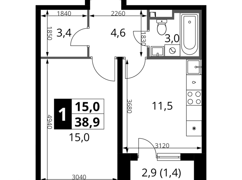 Квартира 1 комната 39 м² Potapovo, Россия