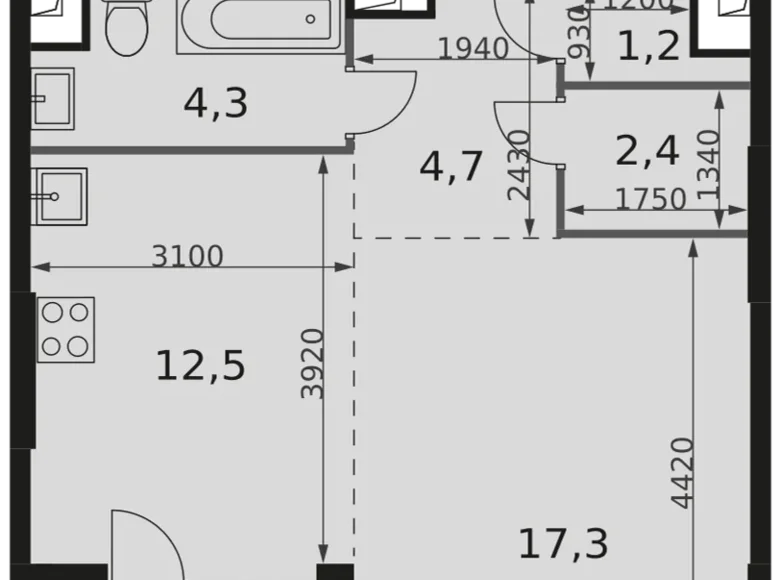 1 room studio apartment 44 m² North-Western Administrative Okrug, Russia