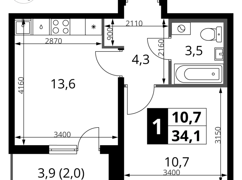 Mieszkanie 1 pokój 34 m² rejon leniński, Rosja