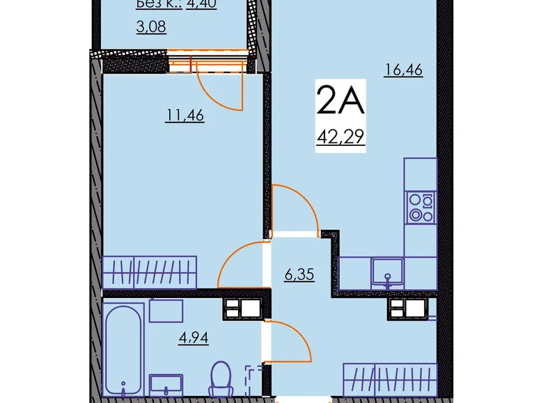 2 room apartment 42 m² Minsk, Belarus