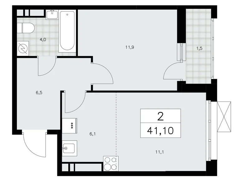 2 room apartment 41 m² Moscow, Russia