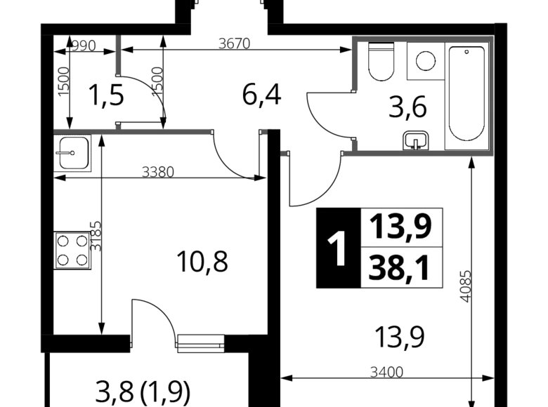 Mieszkanie 1 pokój 38 m² Nekrasovka District, Rosja