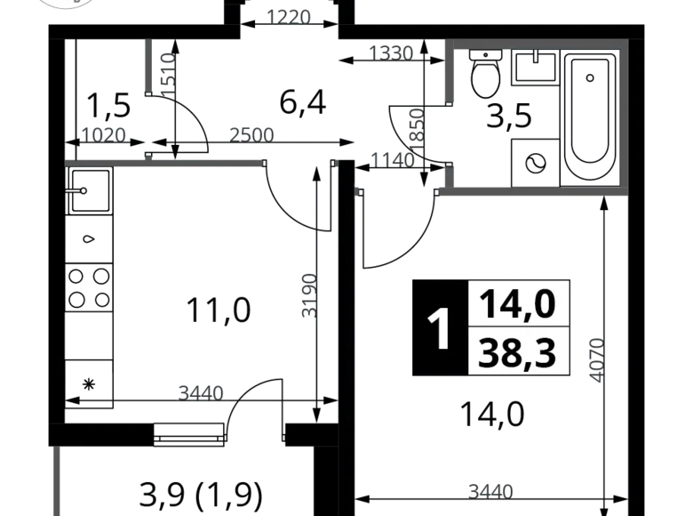 1 room apartment 38 m² Leninsky District, Russia