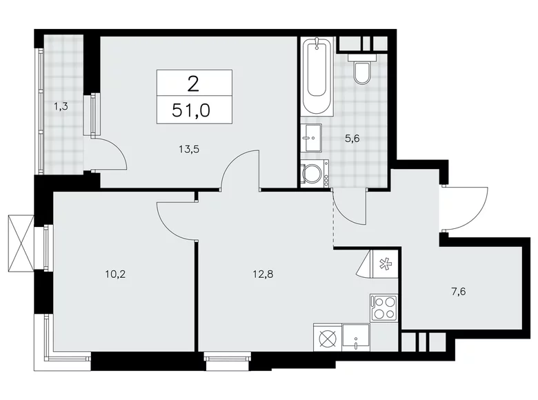2 room apartment 51 m² Moscow, Russia