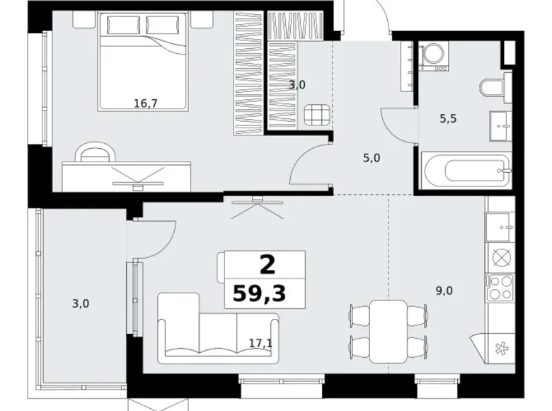 2 room apartment 59 m² Kommunarka, Russia