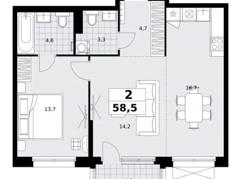 2 room apartment 59 m² Kommunarka, Russia