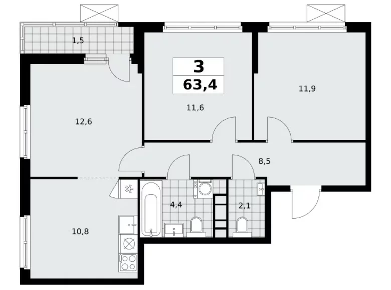Apartamento 3 habitaciones 63 m² Moscú, Rusia