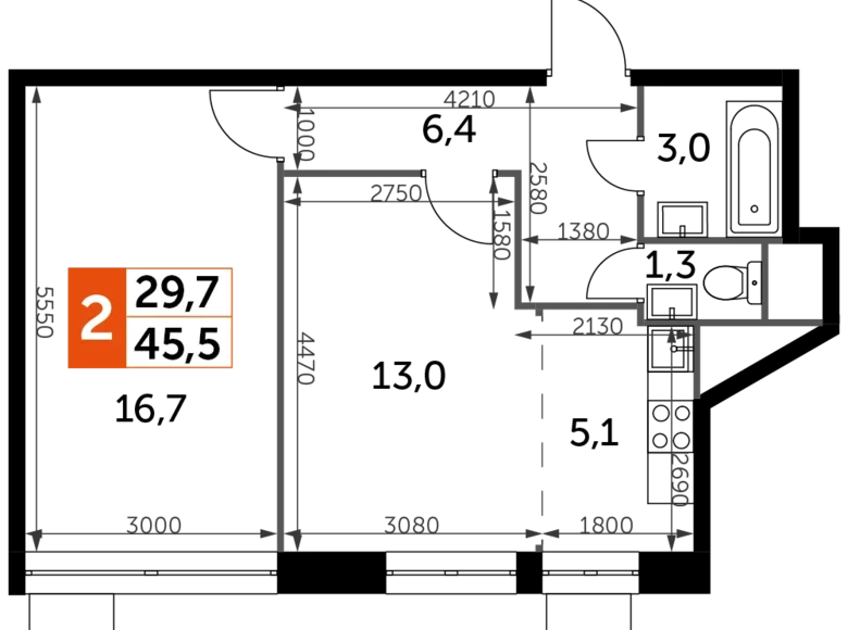 Wohnung 2 zimmer 46 m² Veshki, Russland