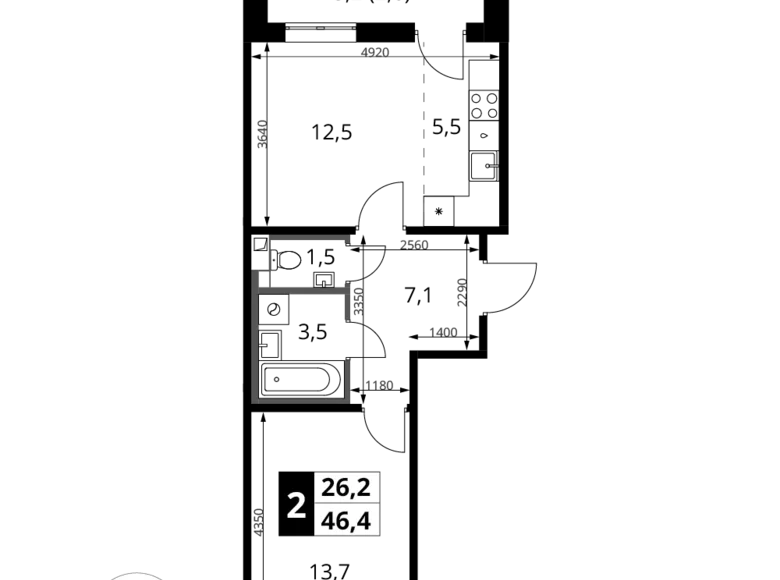 2 room apartment 46 m² Khimki, Russia