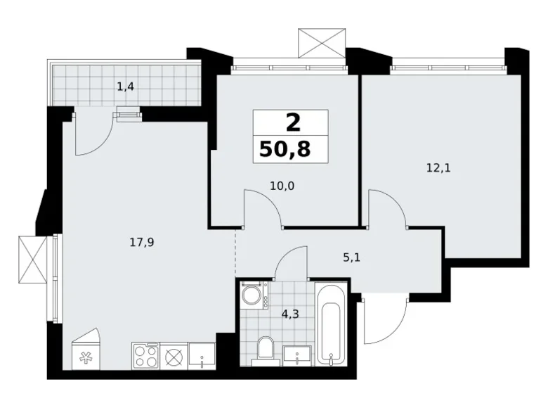2 room apartment 51 m² Troitsk, Russia