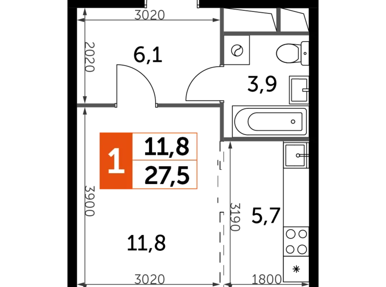 Студия 1 комната 28 м² Развилка, Россия