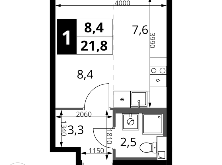 Студия 1 комната 22 м² Химки, Россия