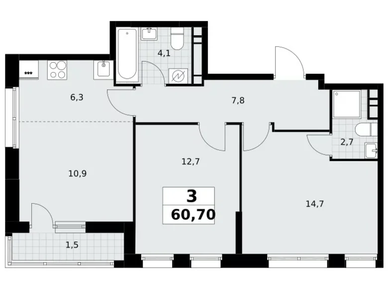 3 room apartment 61 m² Postnikovo, Russia