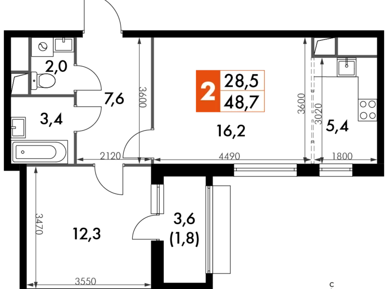 Wohnung 2 zimmer 49 m² Razvilka, Russland