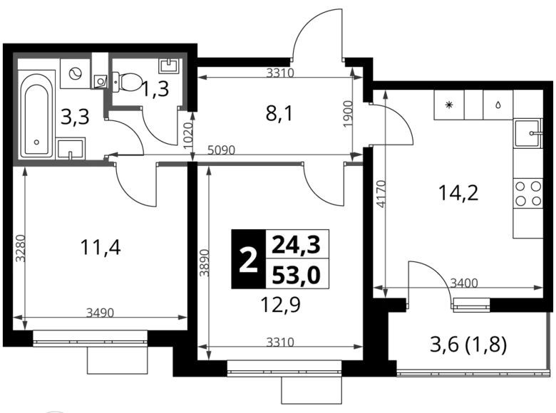 2 room apartment 53 m² Leninsky District, Russia