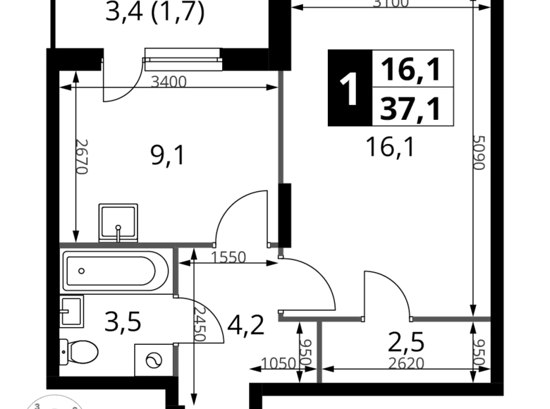 Квартира 1 комната 37 м² Potapovo, Россия