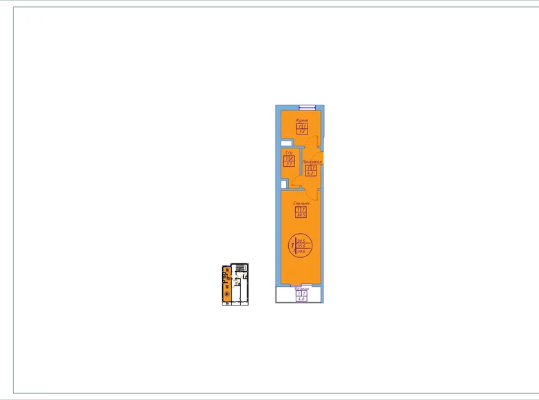 Kvartira 1 xona 44 m² Shuroda