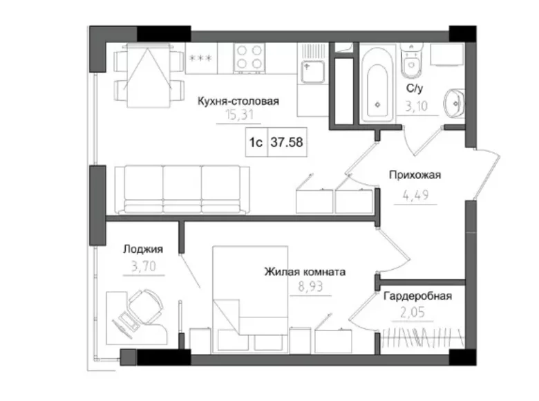 Apartamento 1 habitación 37 m² Avanhard, Ucrania