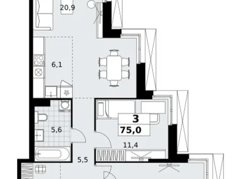 3 room apartment 75 m² Kommunarka, Russia