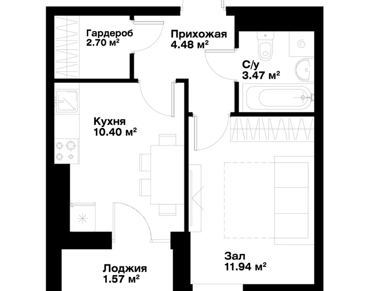 Kvartira 1 xona 35 m² Toshkentda