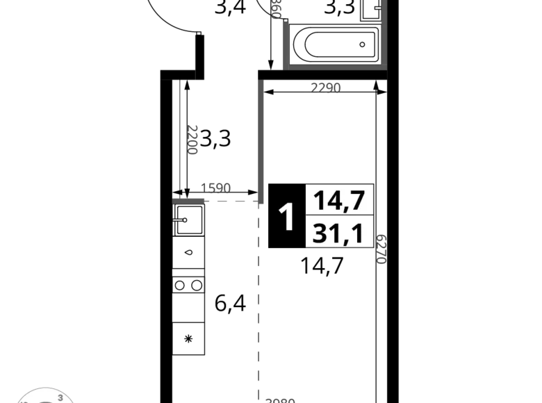 1 room studio apartment 31 m² Potapovo, Russia