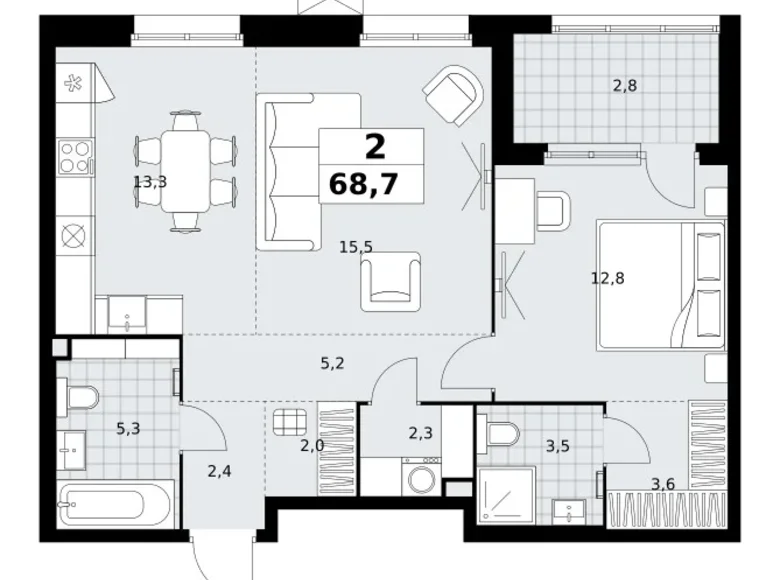 2 room apartment 69 m² Kommunarka, Russia
