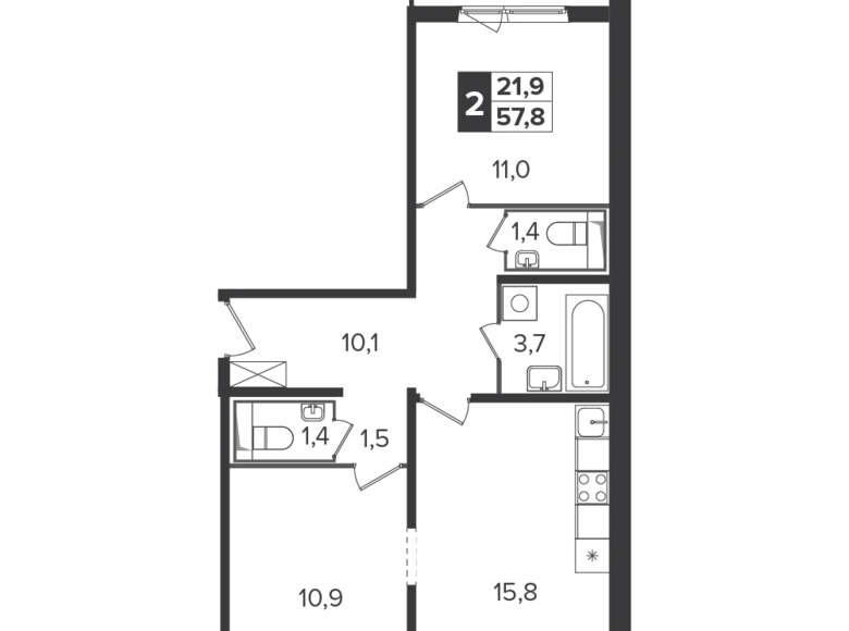 2 room apartment 57 m² Leninsky District, Russia