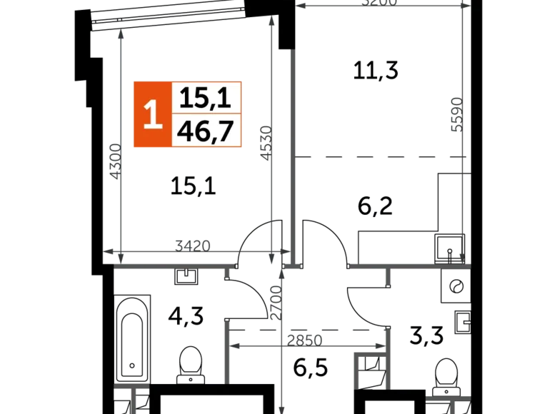 Mieszkanie 2 pokoi 47 m² Moskwa, Rosja