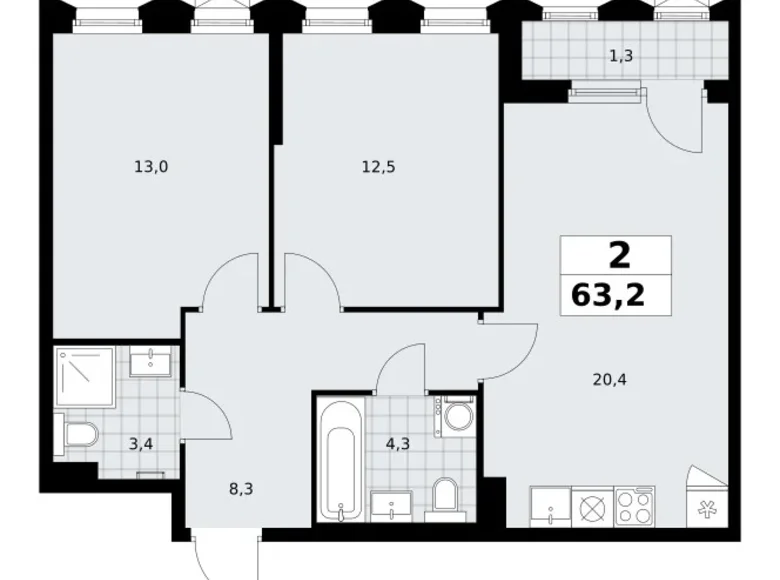 2 room apartment 63 m² Troitsk, Russia